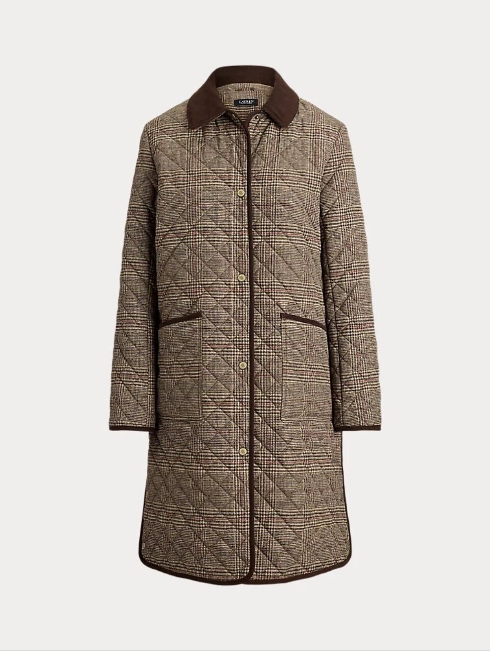 Ralph Lauren Quilted Plaid Coat with Contrast Collar - Brown